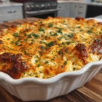 Overhead shot of a freshly baked Spicy Buffalo Chicken Dip with tortilla chips