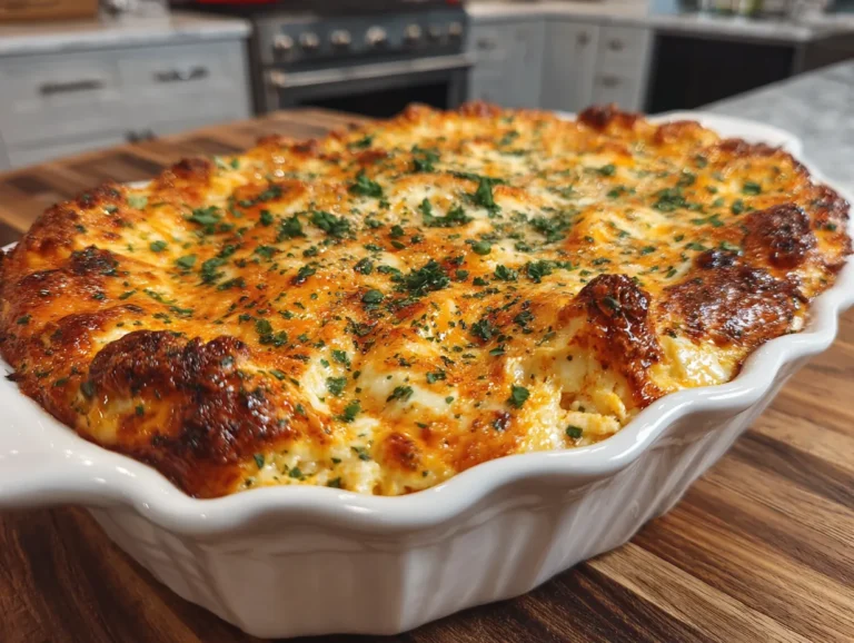 Overhead shot of a freshly baked Spicy Buffalo Chicken Dip with tortilla chips