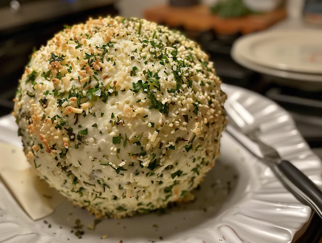 A perfectly formed homemade Garlic Herb Cheeseball coated in pecans, ready to be served as an appetizer.