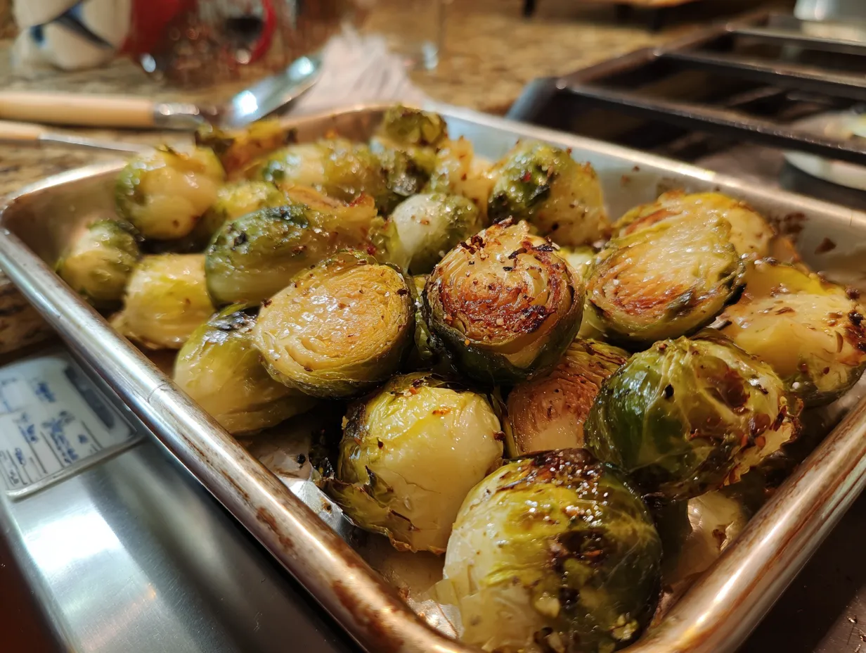 Perfectly roasted Brussel sprouts with a deep golden-brown color and crispy, caramelized edges, drizzled with a balsamic glaze.