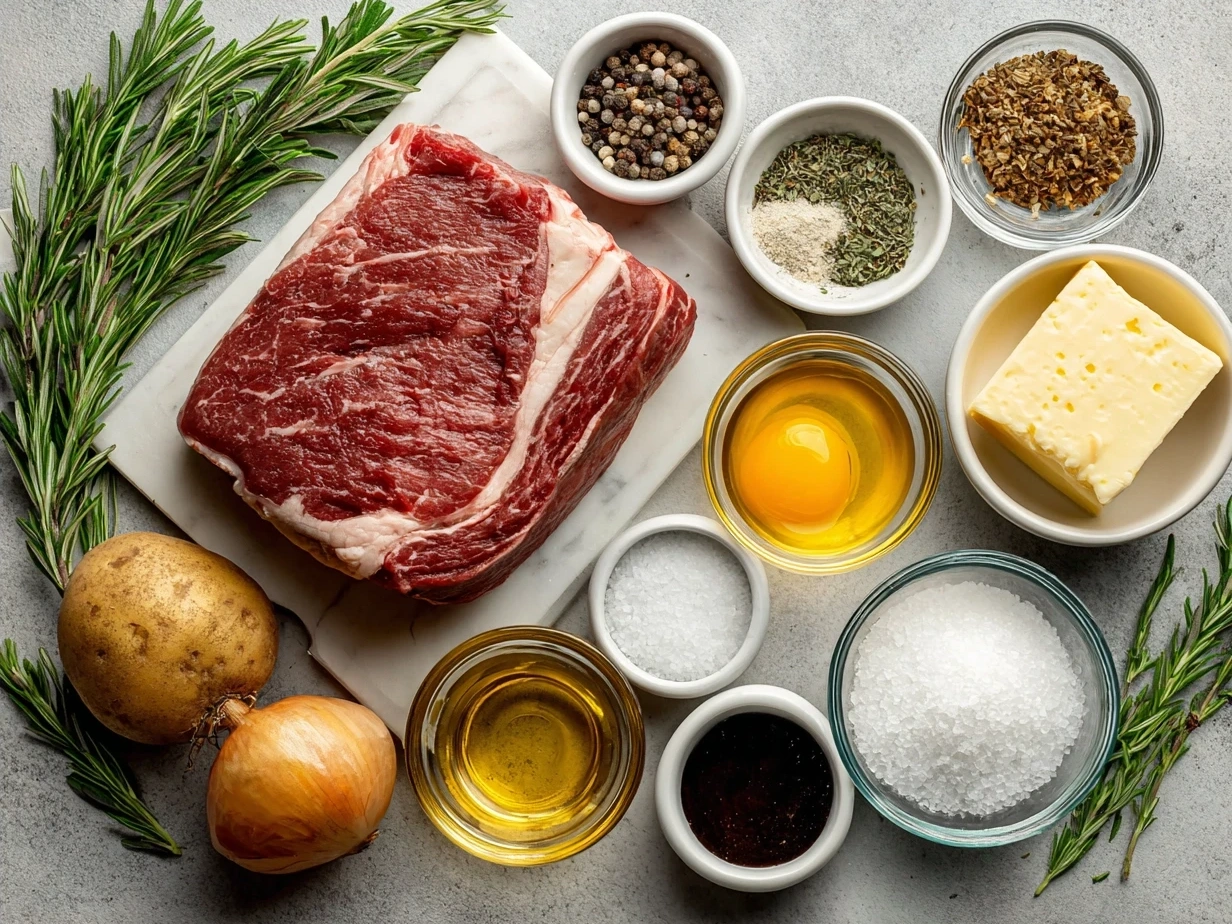 Prime rib roast recipe ingredients: bone-in rib roast, sea salt, black pepper, garlic powder, onion powder, rosemary, thyme, and olive oil