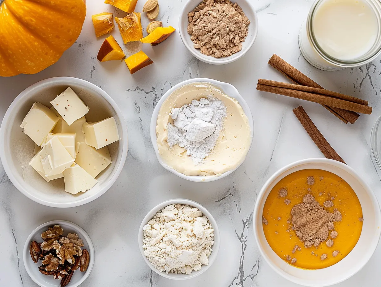 Ingredients for making a delicious Pumpkin Cheesecake, including graham crackers, cream cheese, and pumpkin puree.