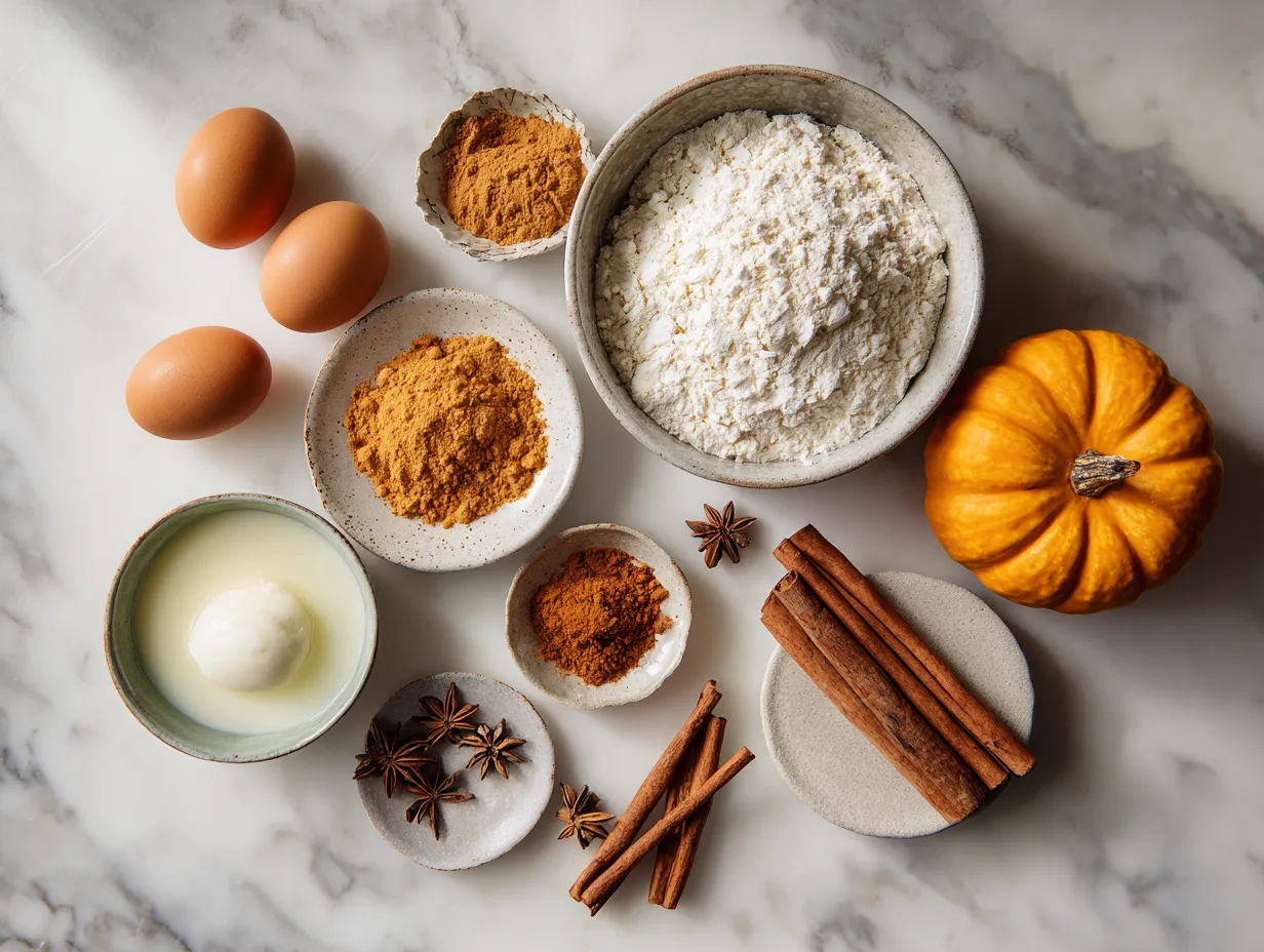 Ingredients for making a delicious Pumpkin Roll including flour, spices, eggs, sugar, pumpkin puree, cream cheese, butter, powdered sugar and vanilla.