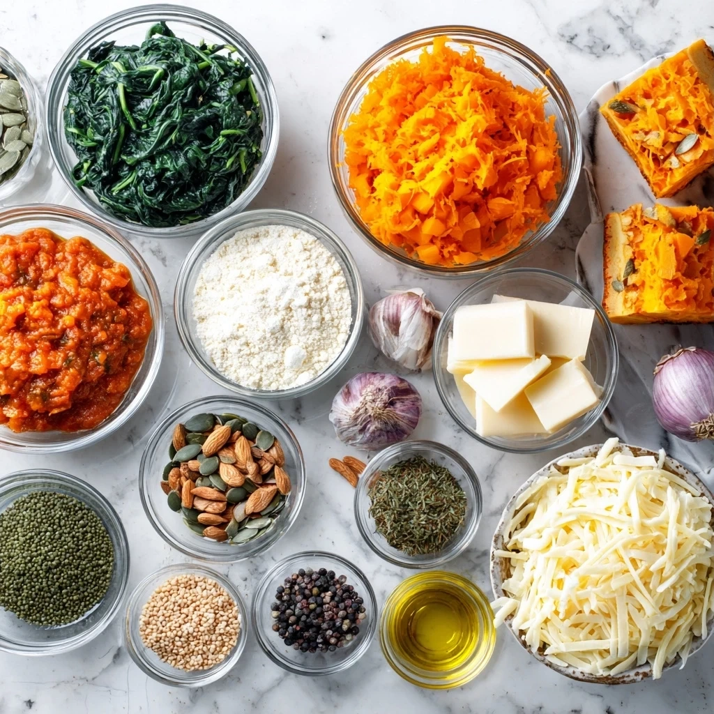 Ingredients for Vegetarian Pumpkin Spinach Lasagna Laid Out