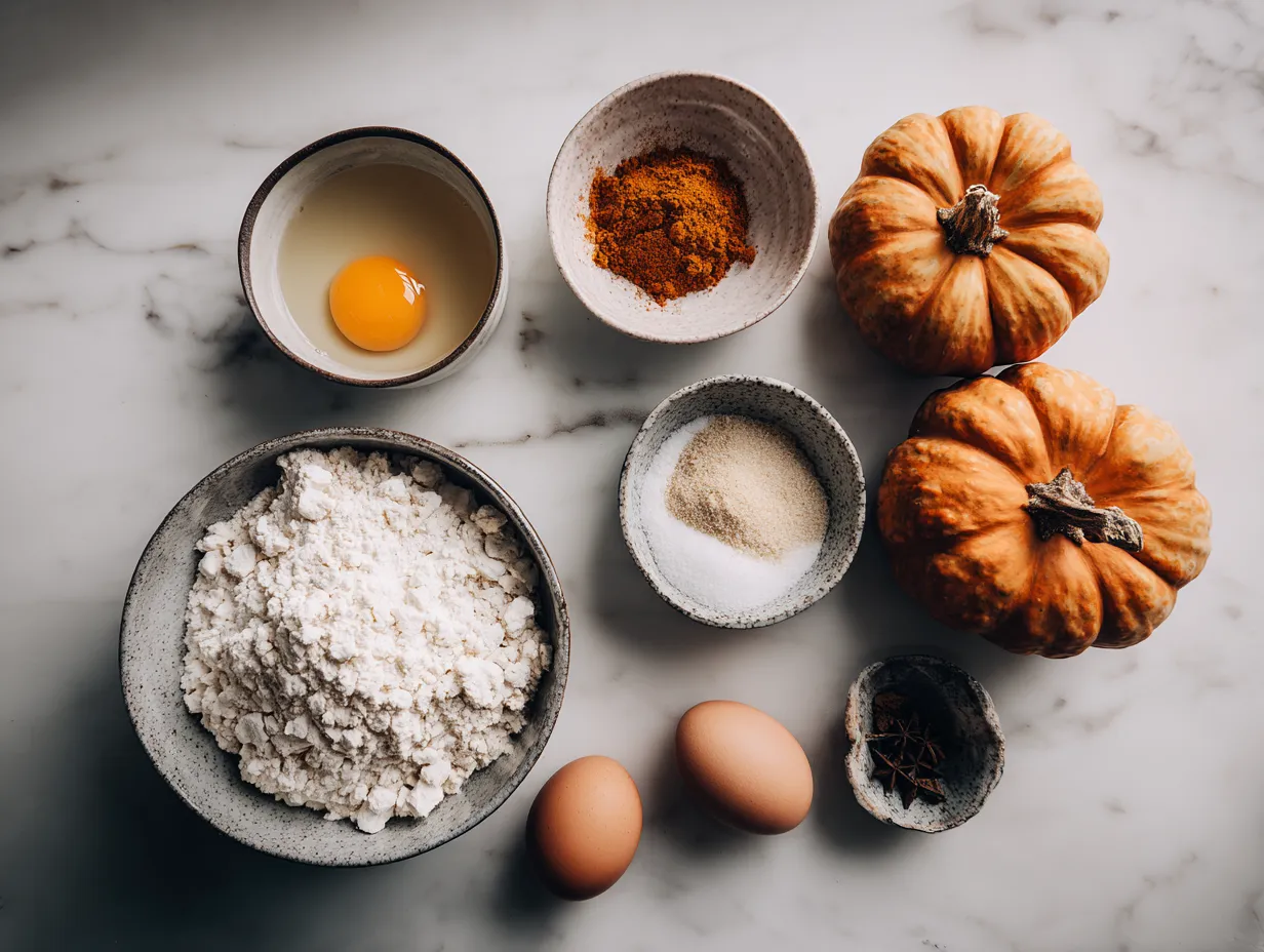 All the ingredients needed to make a delicious Pumpkin Streusel Cheesecake laid out on a countertop.