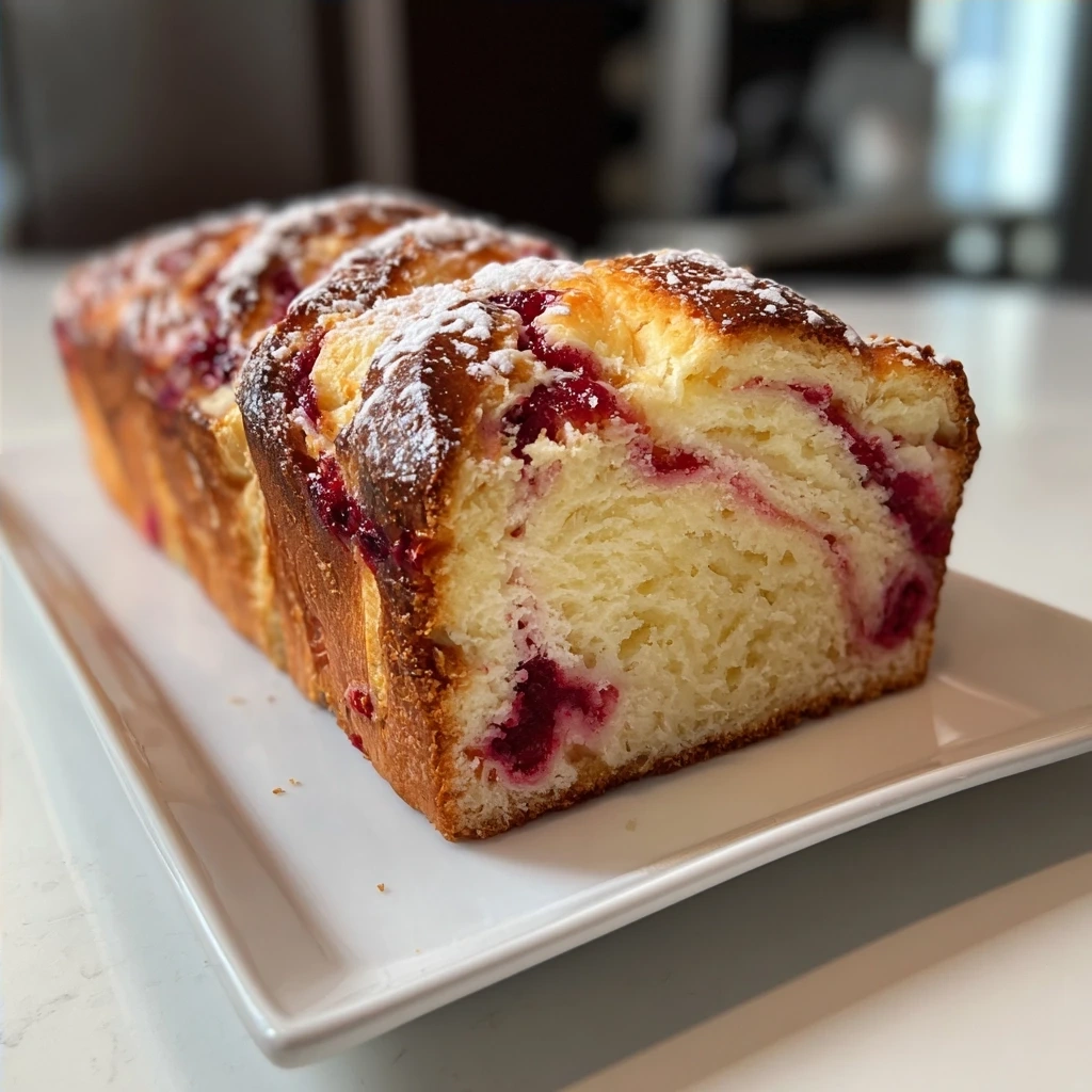A freshly baked Raspberry Swirl Brioche Loaf ready to be served