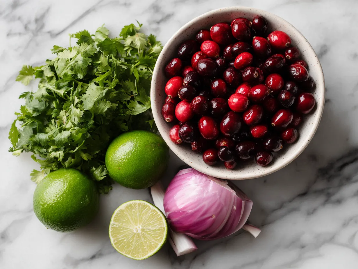 A vibrant display of raw Cranberry Salsa ingredients, showcasing fresh cranberries, red onion, jalapenos, cilantro, and citrus fruits ready to be transformed into a delicious salsa.