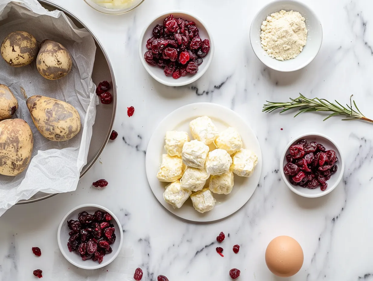 Raw ingredients for making Air Fryer Cranberry Brie Bites including puff pastry, brie cheese, cranberry sauce, honey, and pecans.