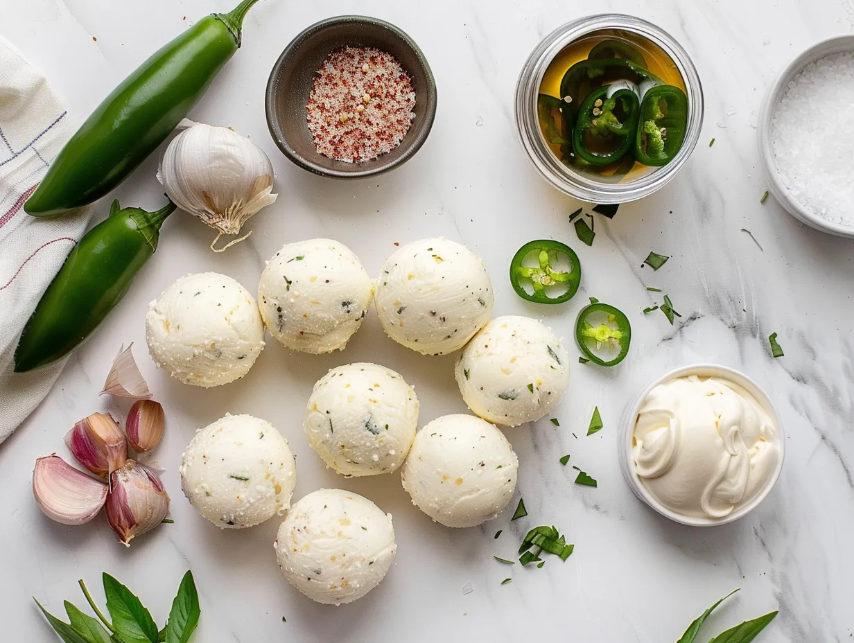 Raw ingredients for making Bacon Jalapeño Cream Cheese Balls including cream cheese, bacon, jalapeños, and spices.
