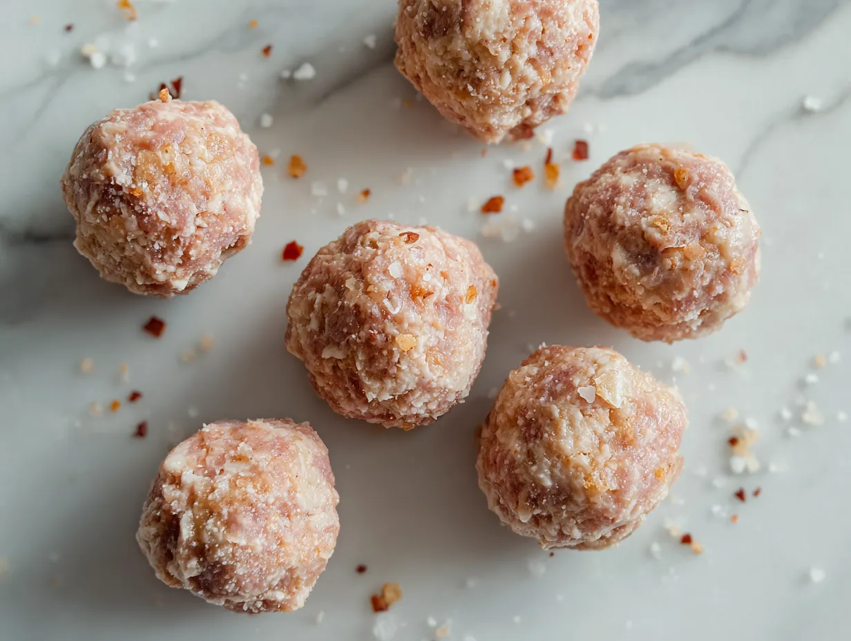 Raw ingredients for Bisquick Sausage Balls including sausage, Bisquick mix, cheddar cheese, milk and garlic powder.