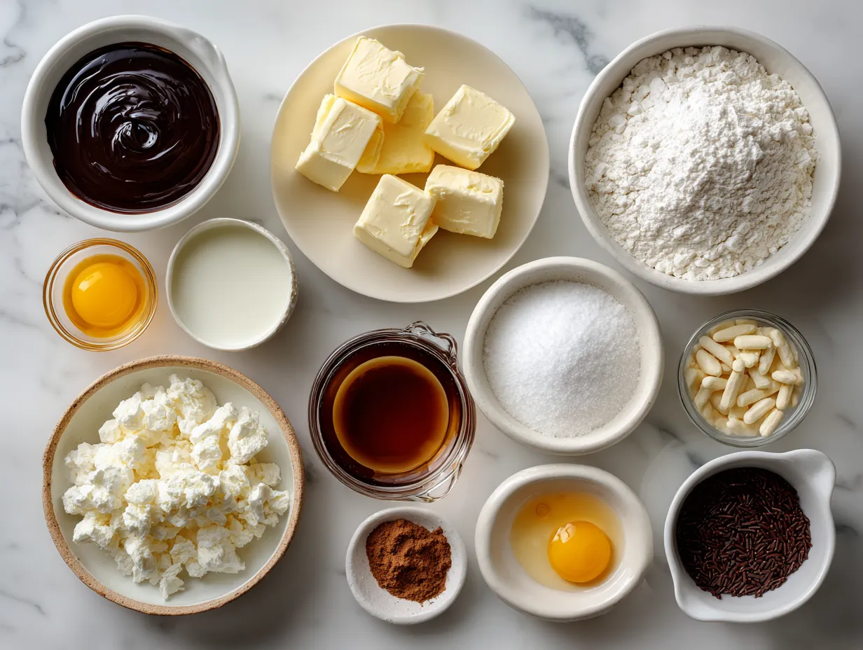 Raw ingredients for making Homemade Boston Cream Pie: flour, sugar, eggs, milk, butter, chocolate chips, and extracts.