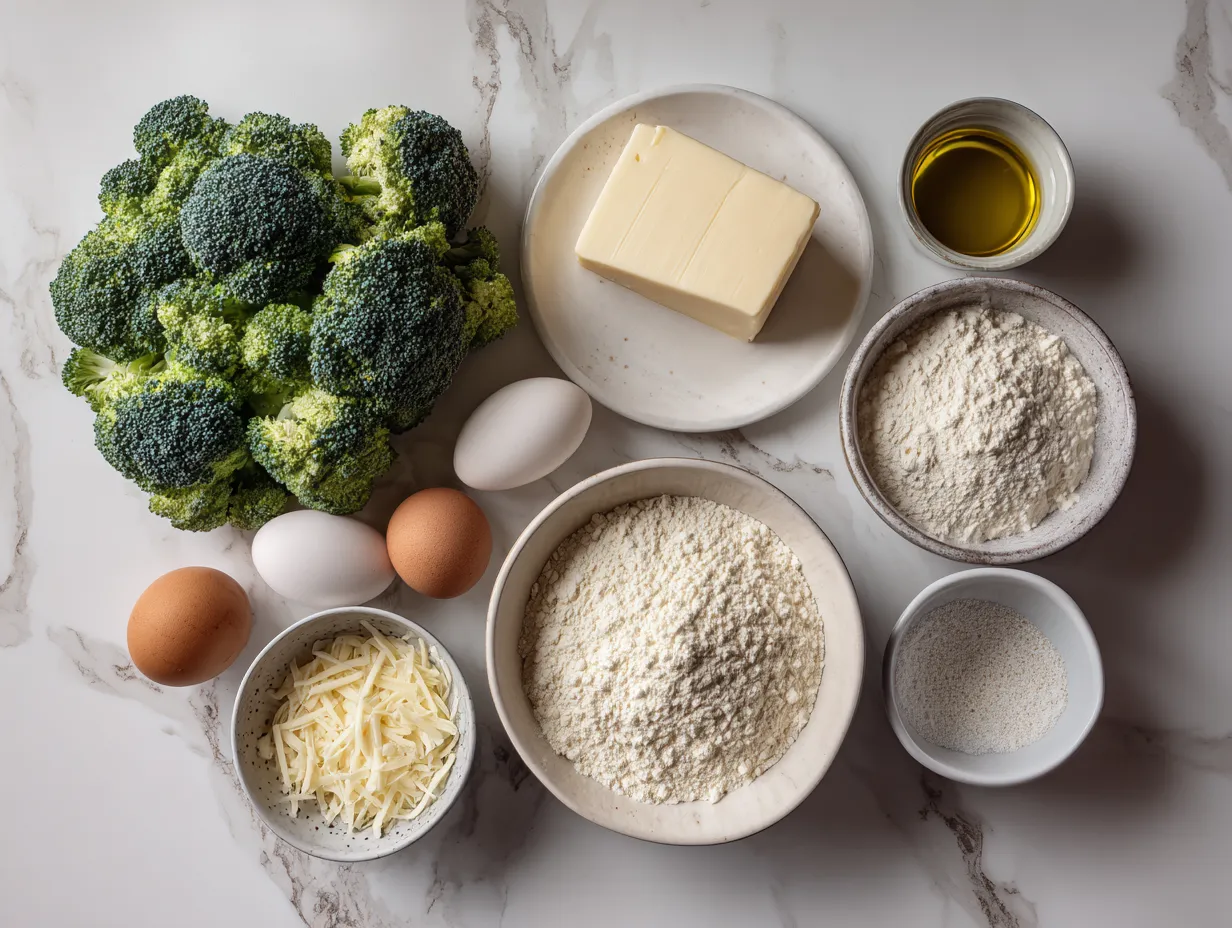 Raw ingredients for Broccoli Cheese Casserole, including broccoli, cheese, butter, and crackers