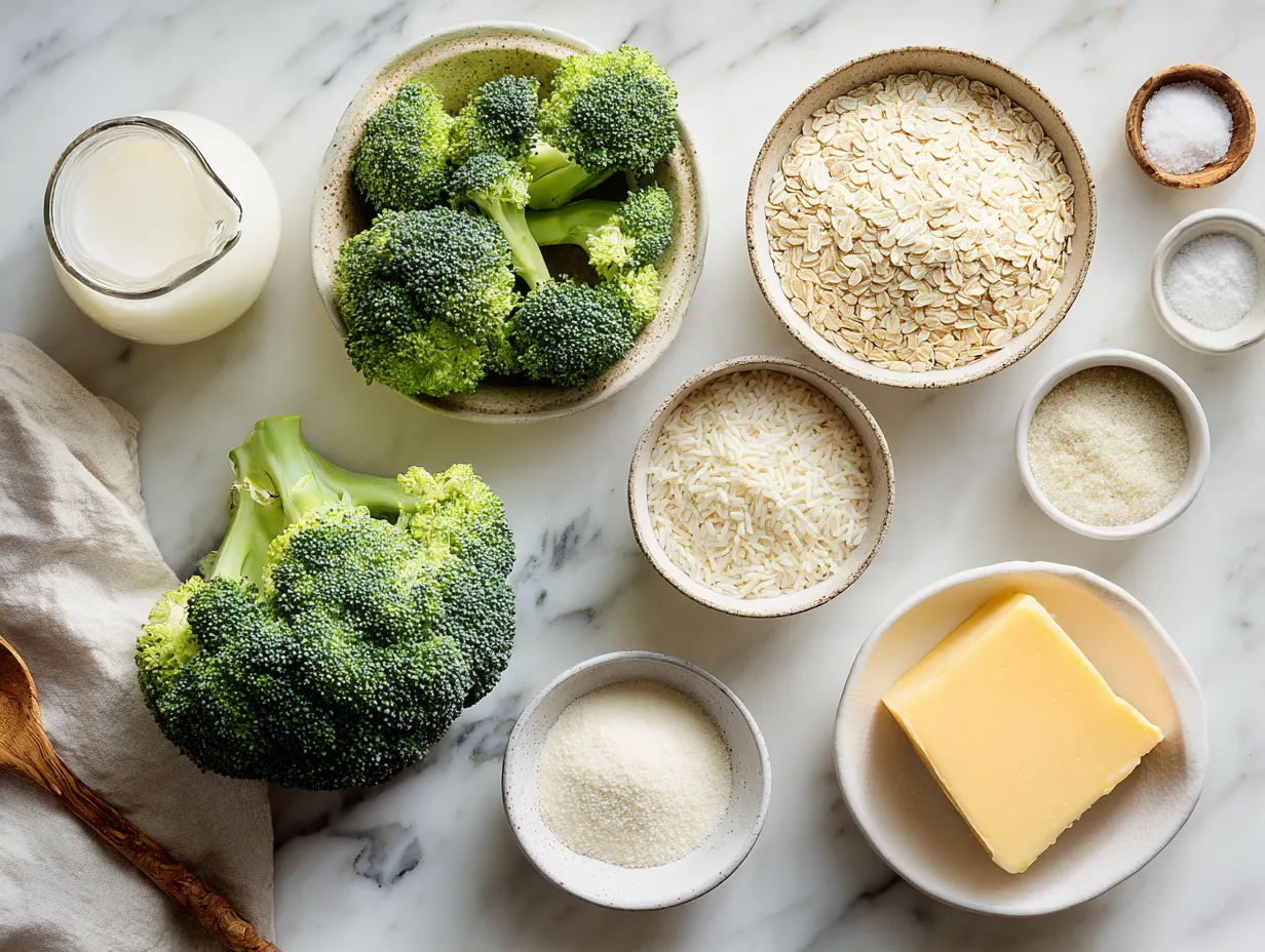 Ingredients for Broccoli Cheese Rice Casserole: rice, chicken broth, cream of mushroom soup, milk, broccoli, cheddar cheese, mozzarella, Parmesan, butter, garlic powder, salt, pepper, and red pepper flakes