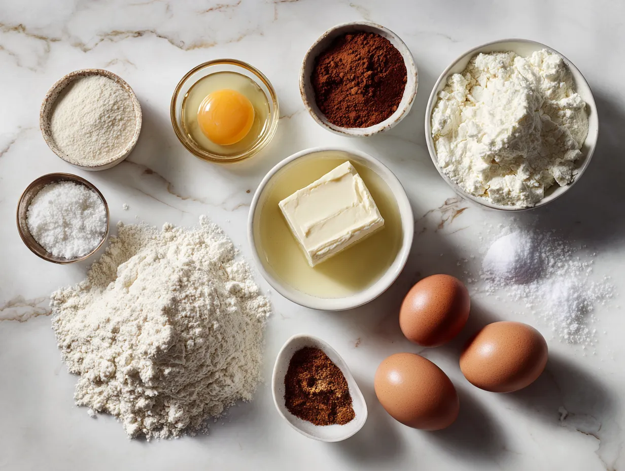 Raw ingredients for Burnt Basque Cheesecake including cream cheese, sugar, eggs, vanilla, and salt on a white marble surface.
