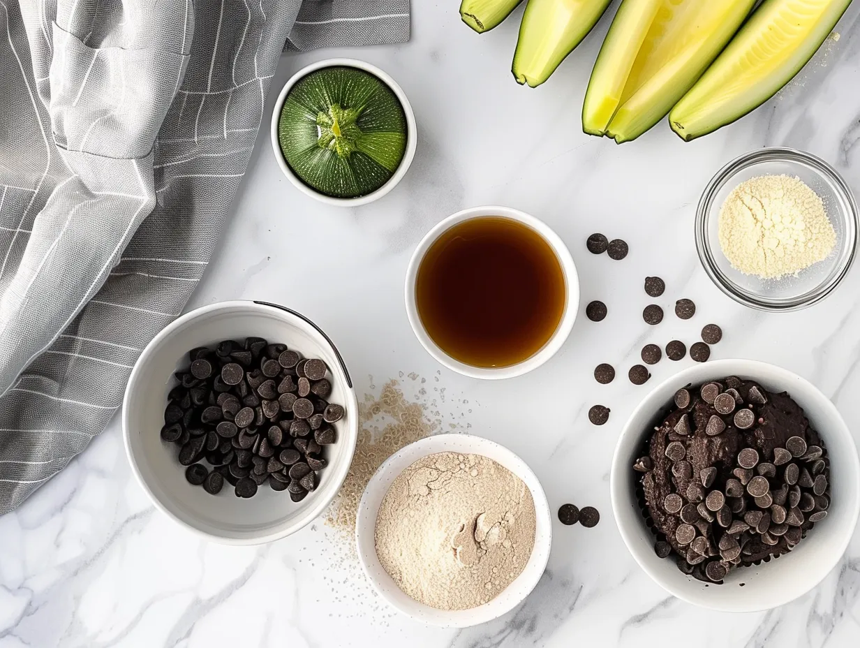 Raw ingredients for making chocolate chip zucchini muffins, including flour, zucchini, and chocolate chips