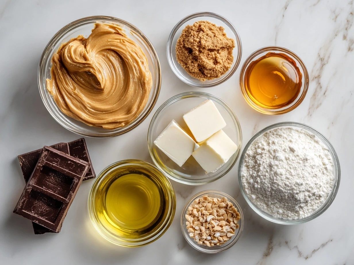 Ingredients for Chocolate Peanut Butter Pie including chocolate wafer crumbs, butter, cream cheese, peanut butter, powdered sugar, whipped topping, and chocolate syrup.
