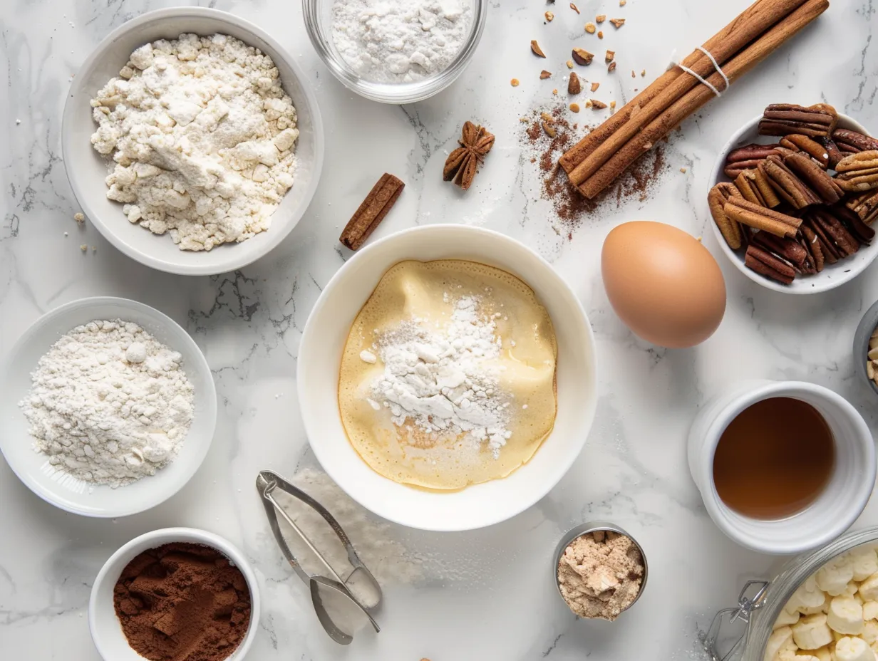 A selection of raw ingredients for making cinnamon roll protein crepes laid out on a wooden surface, including eggs, protein powder, spices, and applesauce.