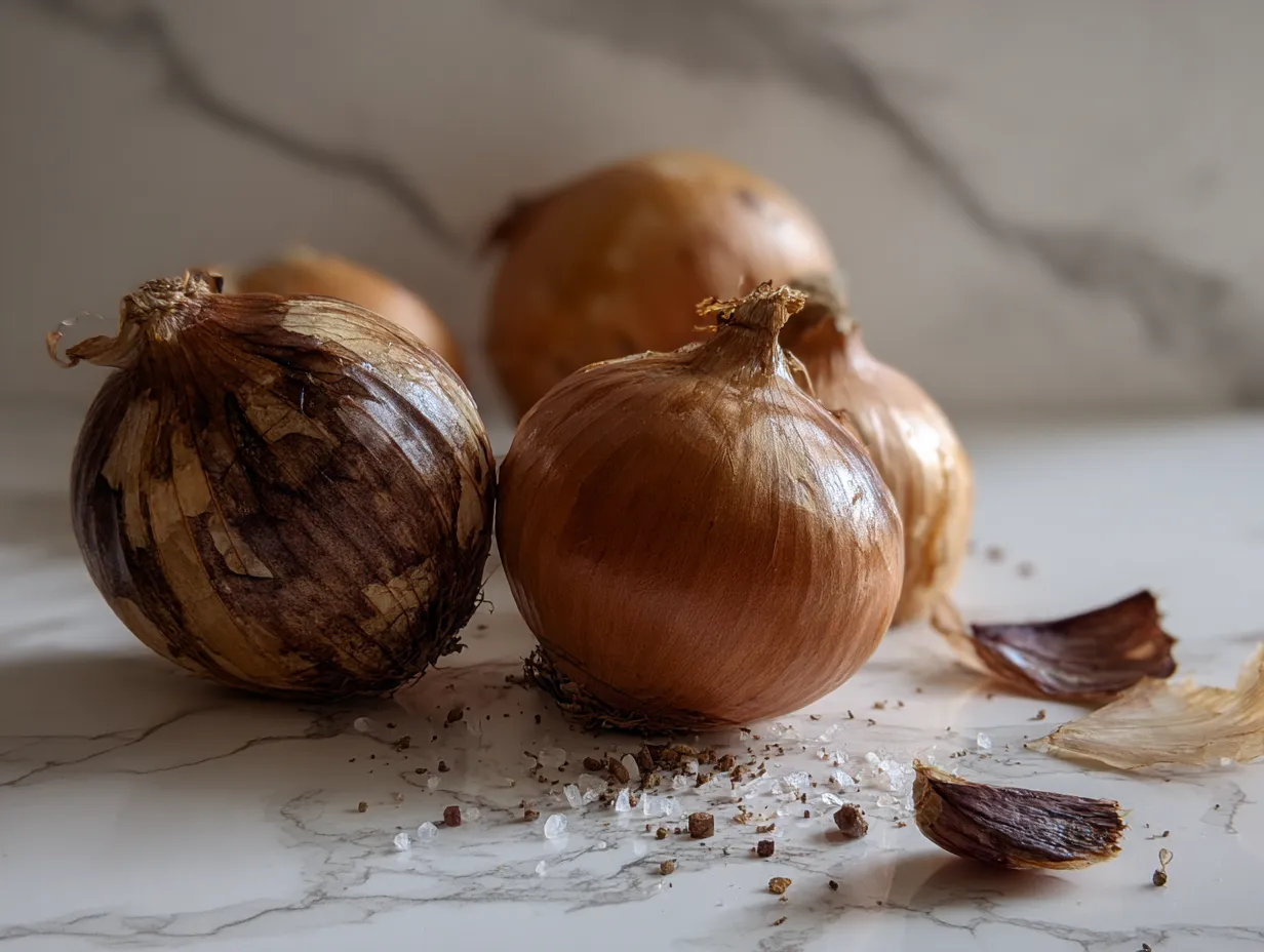 Raw ingredients for making classic French onion soup including yellow onions, butter, olive oil, sugar, salt, pepper, beef broth, red wine, balsamic vinegar, bay leaf, baguette, Gruyere cheese and thyme sprigs