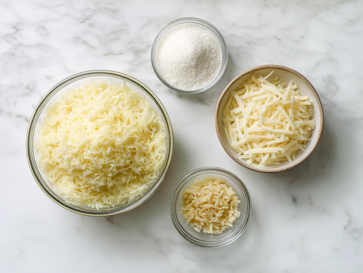 Raw ingredients for making Copycat Cracker Barrel Hashbrown Casserole including hash browns, butter, cream of chicken soup, sour cream, salt, pepper, garlic powder and cheddar cheese.