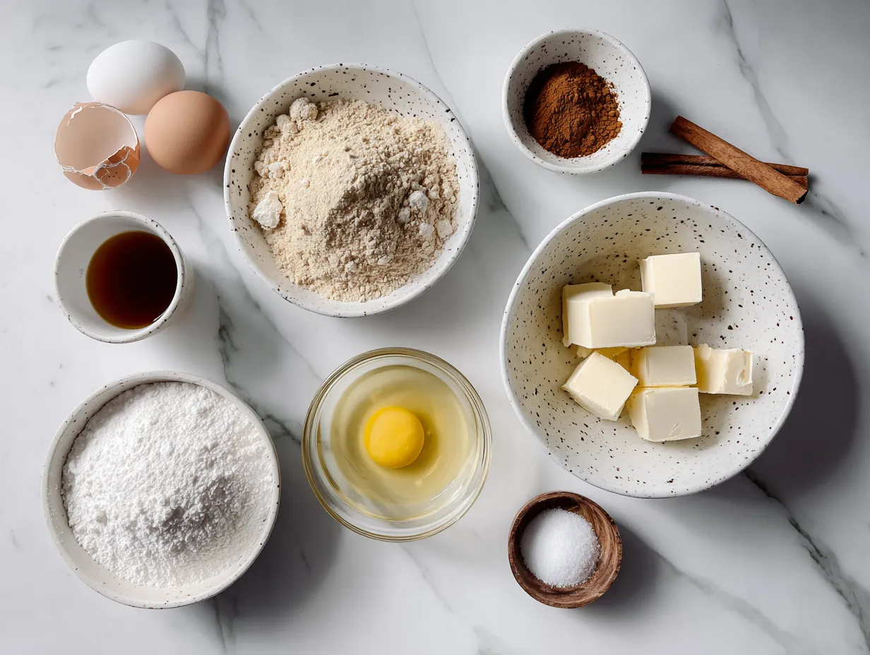 Raw ingredients for Creme Brulee Pie including eggs, cream, sugar, vanilla, and pie crust