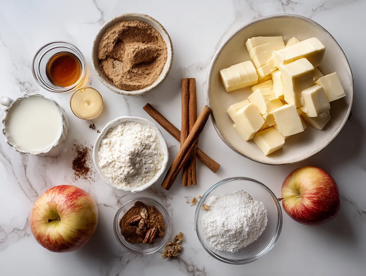 A selection of raw ingredients including apples, sugar, butter, flour, oats and spices, ready for making dutch caramel apple pie