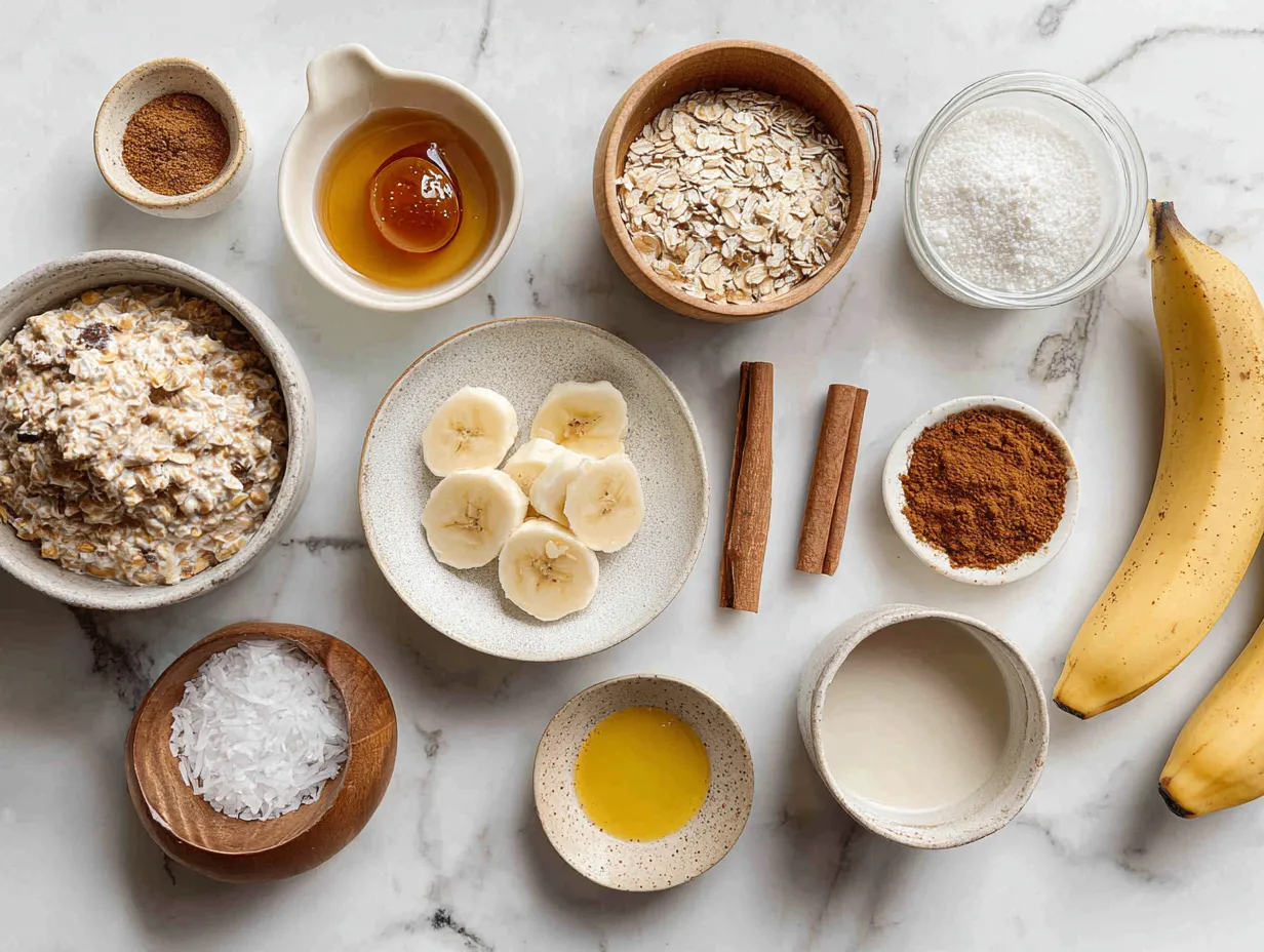 Raw ingredients like rolled oats, milk, maple syrup, coconut oil, vanilla extract, baking powder, cinnamon, and salt for easy baked oats recipe.
