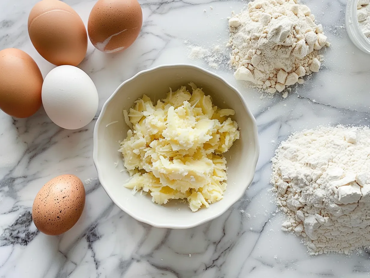 Raw ingredients for Egg Hashbrown Casserole including eggs, hashbrowns, bacon, cheese, and spices.