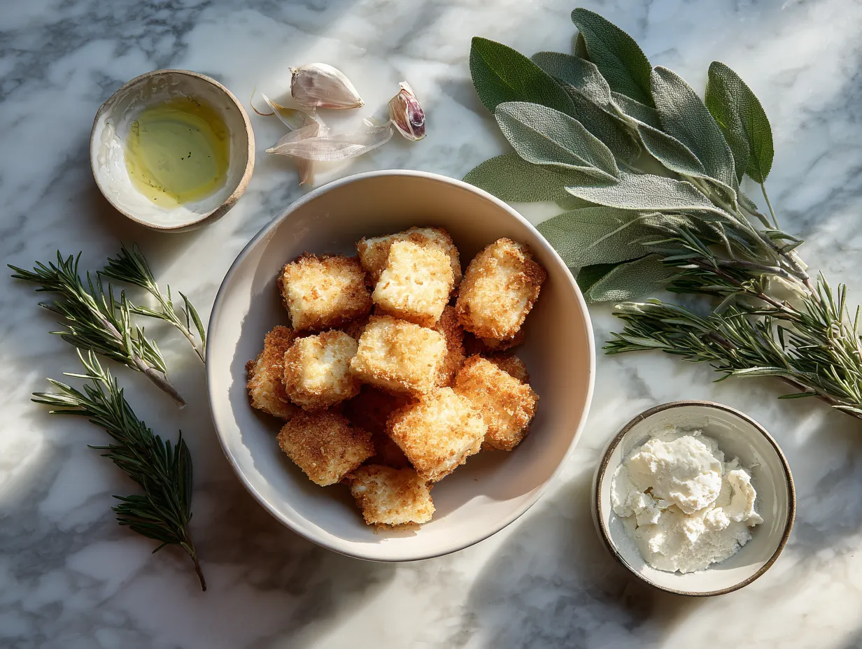 Ingredients for making fried brie bites, including brie, flour, eggs, panko, and spices