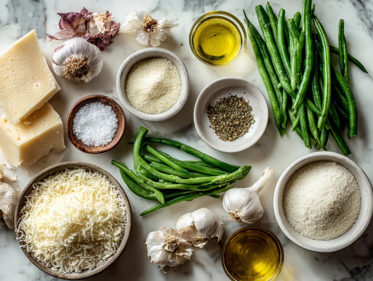 Raw ingredients for preparing Garlic Parmesan Green Bean Casserole