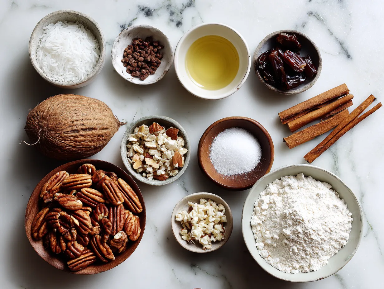 Ingredients for gooey pecan pie bars including pecans, flour, butter, eggs, and sugar