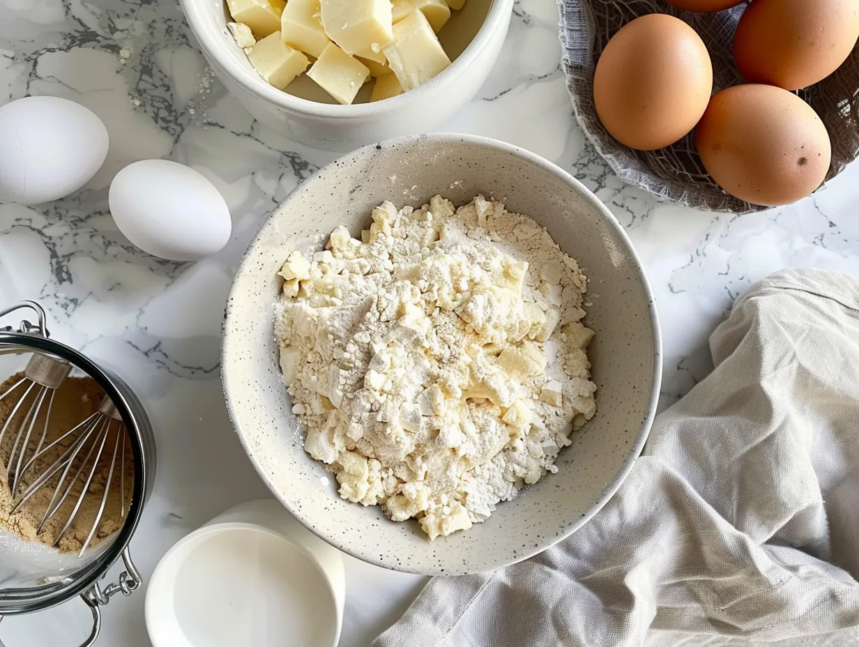 Ingredients for Irish Potato Pie including potatoes, cheese, pie crust, and spices