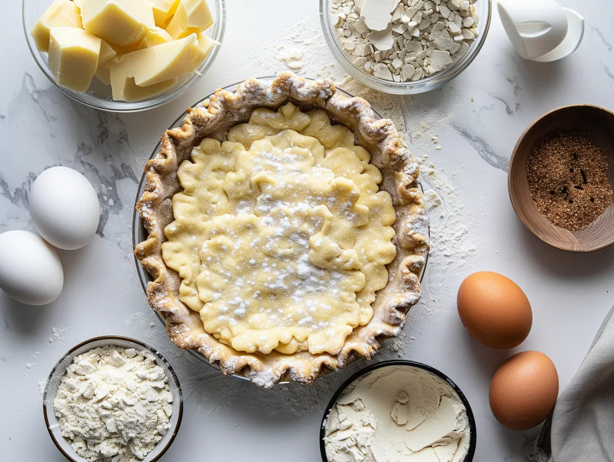Raw ingredients for Kentucky Sawdust Pie Recipe laid out on a kitchen counter