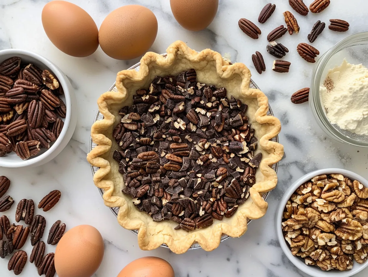 Raw ingredients for making Layered Chocolate Pecan Pie, including pecans, chocolate, butter, and eggs.