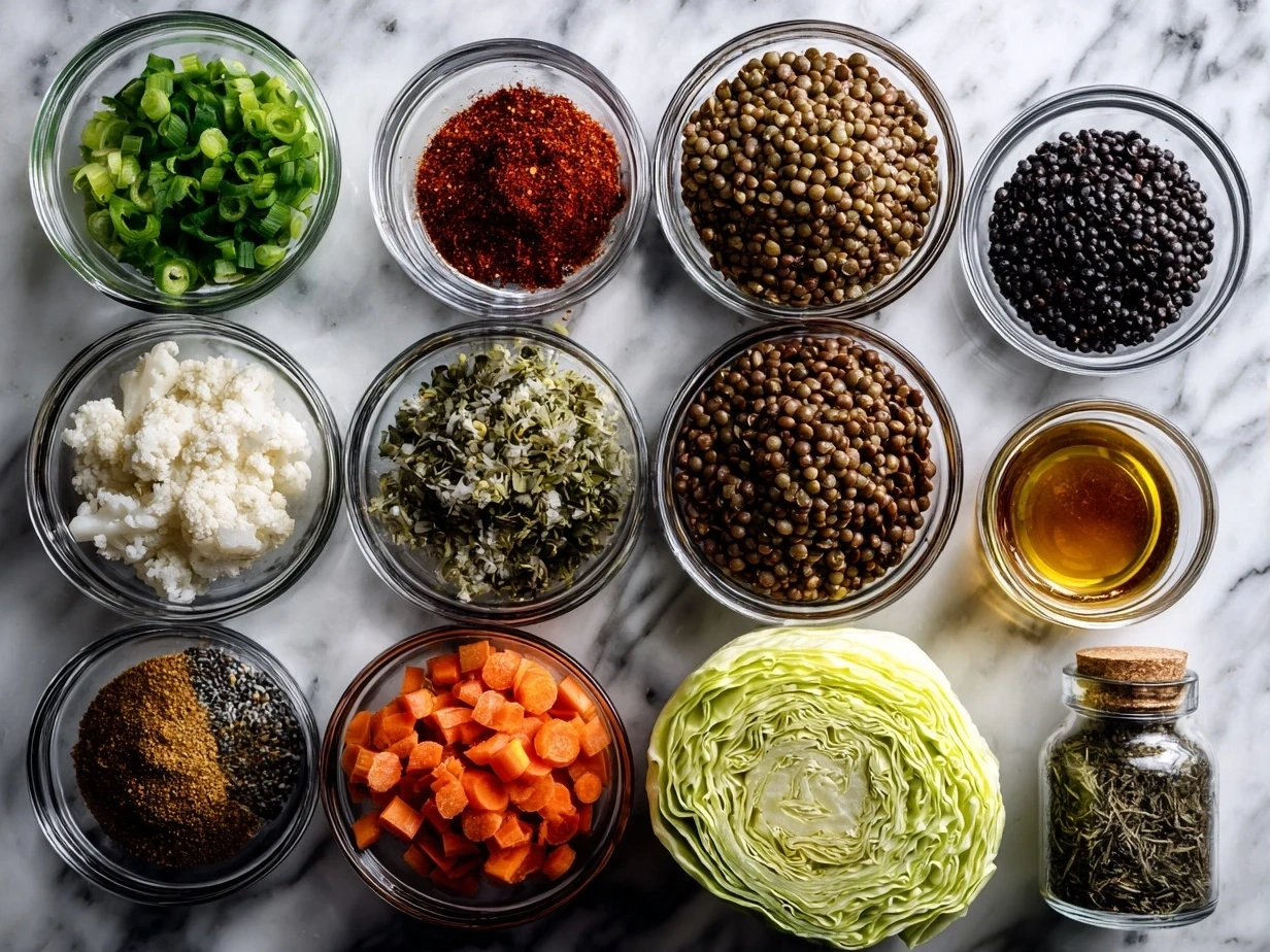 Fresh raw ingredients for making lentil bolognese stuffed cabbage rolls.