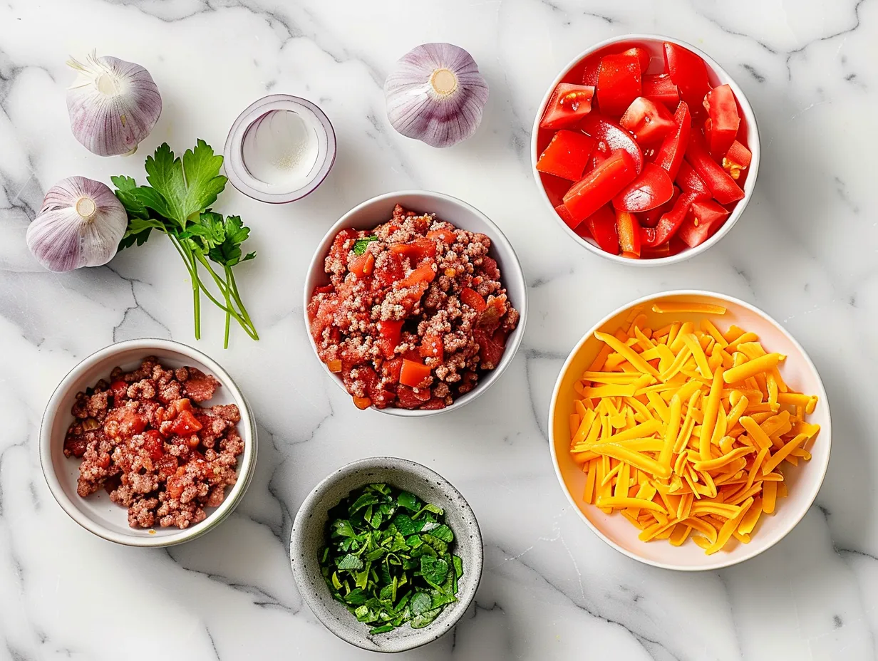 Raw ingredients for making loaded hamburger soup, including ground beef, vegetables, and spices.