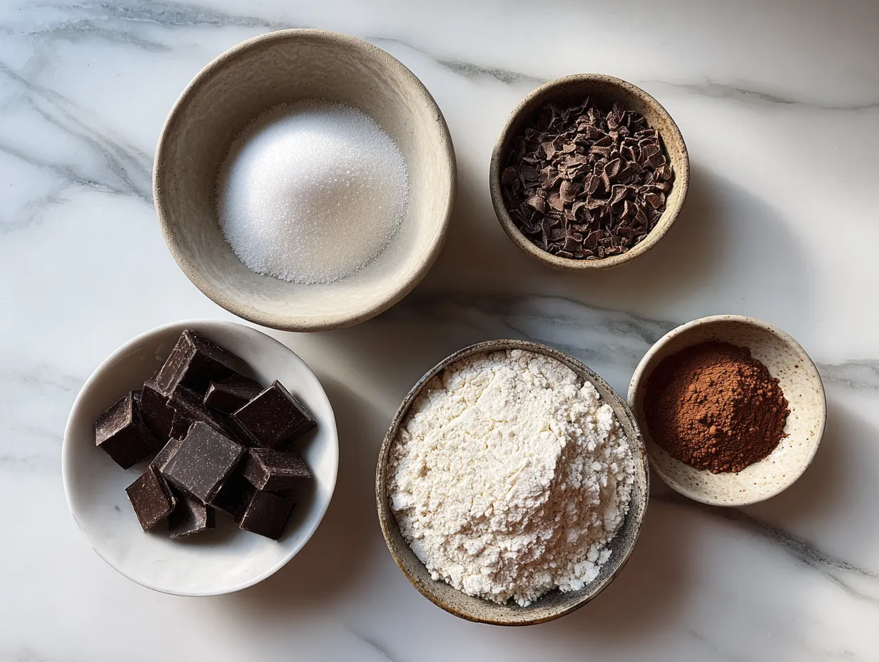 Ingredients for making moist chocolate zucchini bread on a table