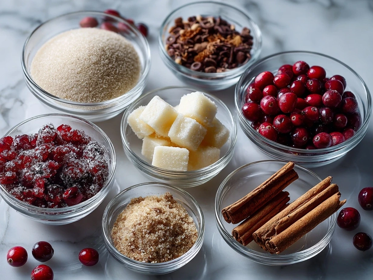 Raw ingredients including fresh cranberries, erythritol, water, vanilla extract, sea salt, and xylitol for making No-Added-Sugar Sugared Cranberries