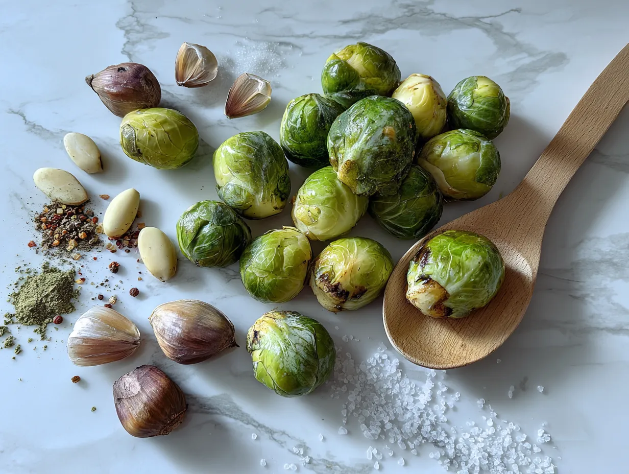 Raw ingredients for making Roasted Brussel Sprouts, including brussel sprouts, olive oil, balsamic vinegar, garlic, smoked paprika, salt, and pepper.