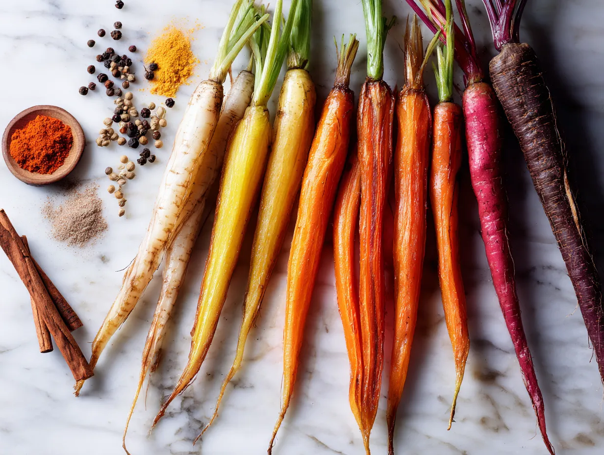 Ingredients for roasted carrots including carrots, garlic, honey, and spices