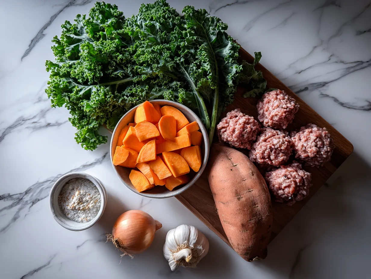 Raw ingredients for making sausage sweet potato kale soup, including sausage, sweet potatoes, kale, and spices.