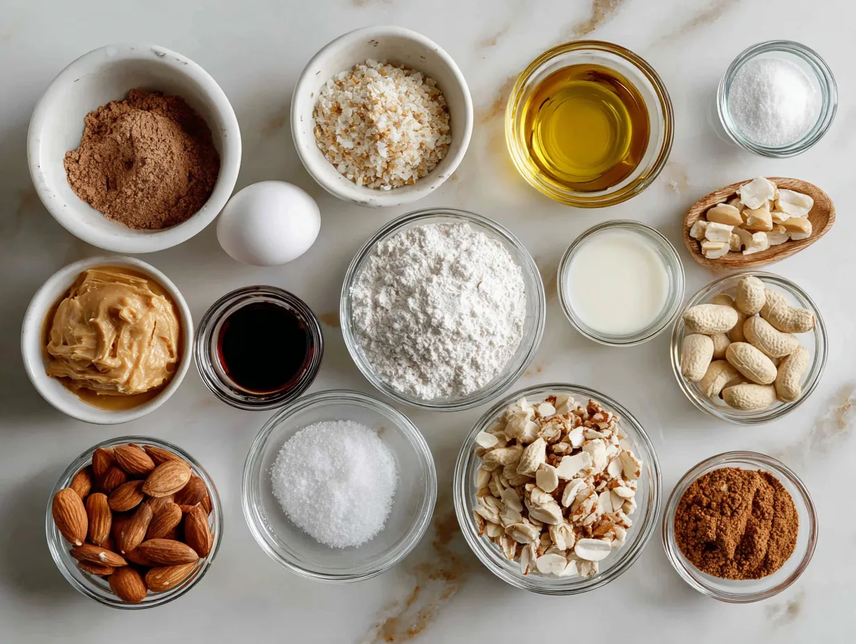 Ingredients for making homemade soft peanut butter cookies, including butter, sugar, peanut butter, eggs, and flour.