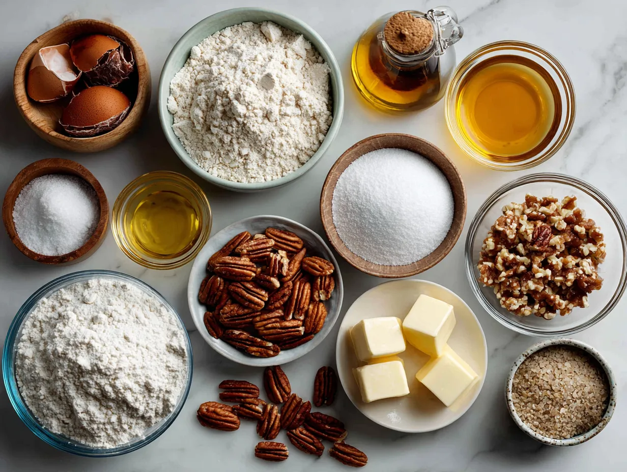 Raw ingredients for Southern Pecan Pie Bars, including flour, butter, sugar, eggs, pecans, and bourbon, ready to bake.