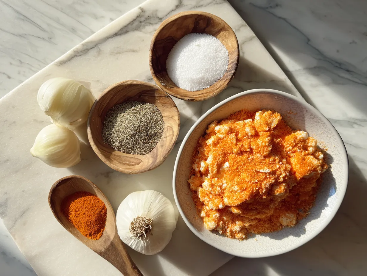 Ingredients for spicy buffalo chicken dip including chicken, cream cheese, buffalo sauce, and spices.