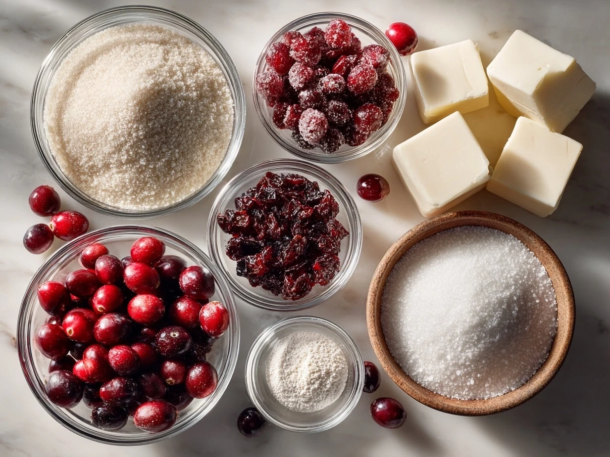 Raw ingredients for making sugared cranberries, including cranberries, sugar, vanilla, and spices.