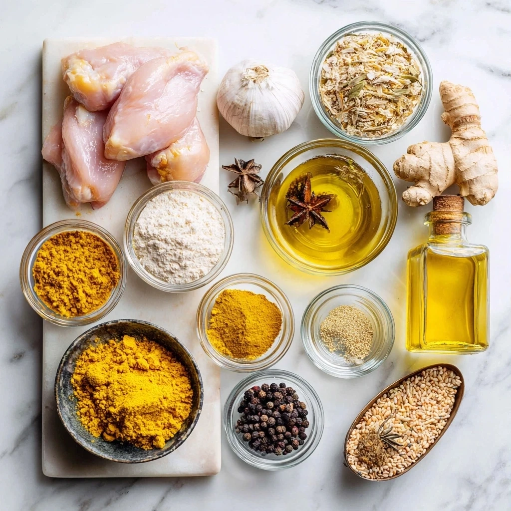 Raw ingredients for making turmeric chicken soup, including chicken thighs, fresh turmeric, and various vegetables.