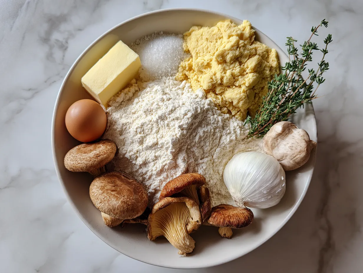 Ingredients for making vegan Thanksgiving pot pie including carrots, celery, onions, mushrooms and spices