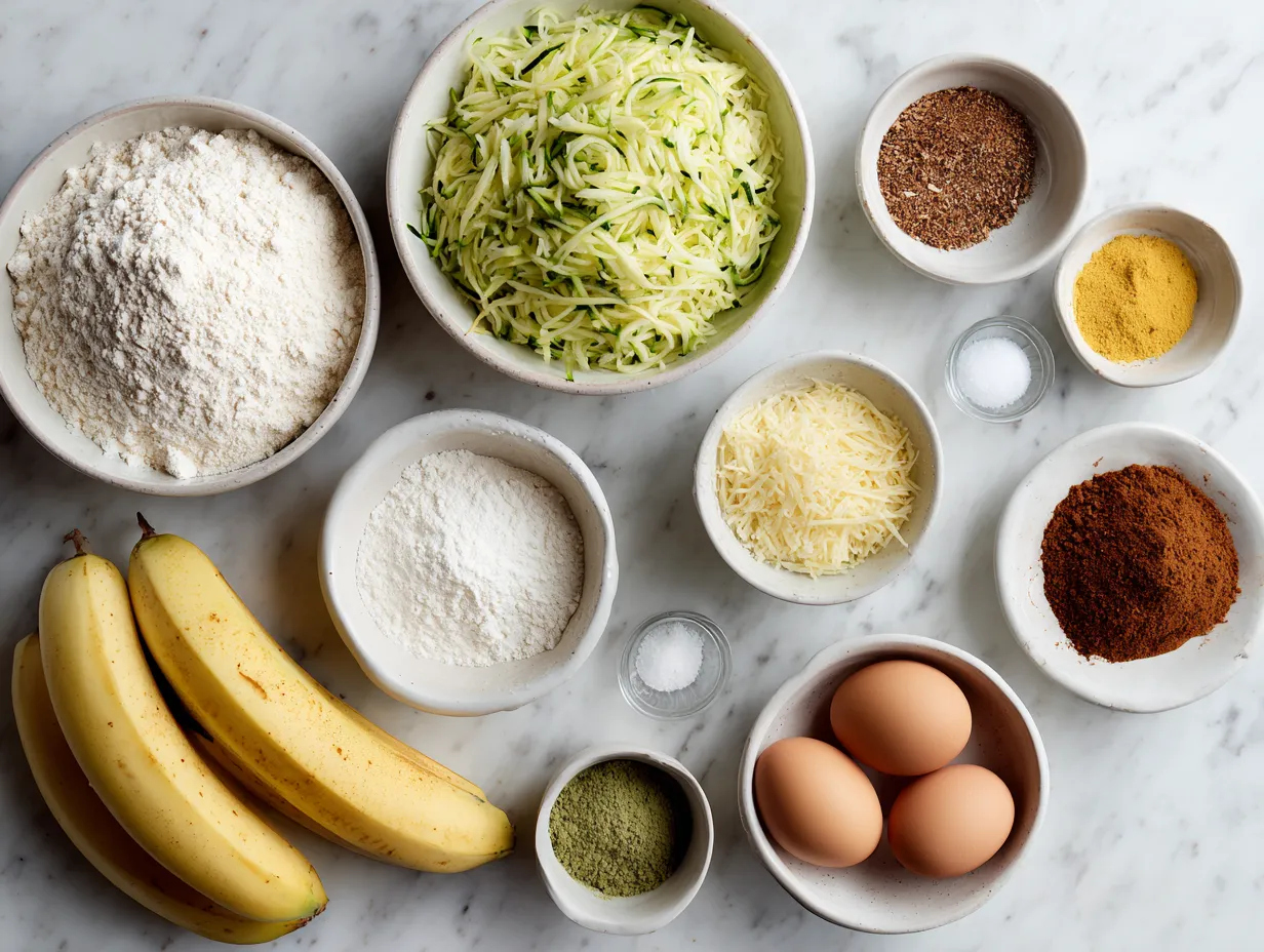 Raw ingredients for making zucchini banana bread muffins including flour, bananas, zucchini, and spices.