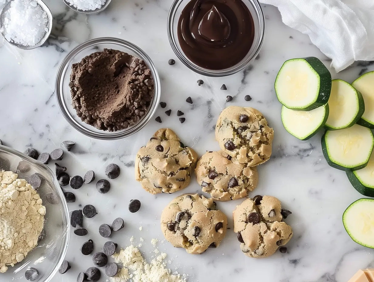 Ingredients for zucchini chocolate chip cookies including flour, sugar, zucchini, chocolate chips and spices.
