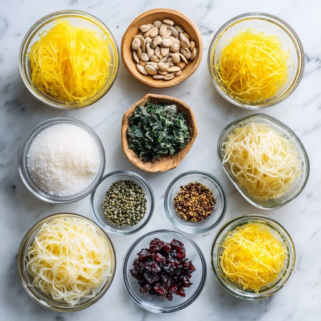 Raw ingredients for preparing Spaghetti Squash Dinner, including spaghetti squash, bell pepper, onion, garlic, and spices.