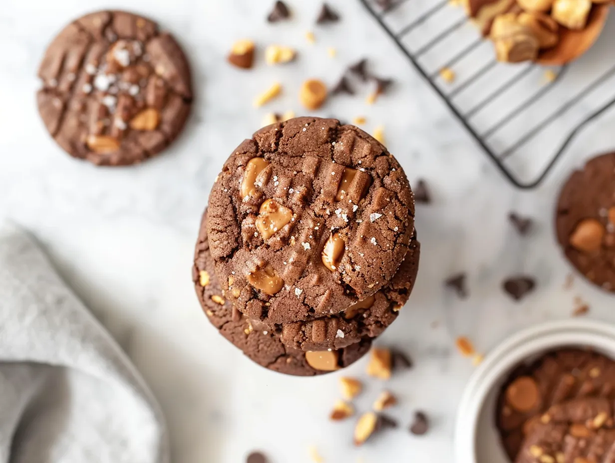 Ingredients for Reeses Peanut Butter Cup Cookies, including butter, sugar, peanut butter, and chopped Reeses cups